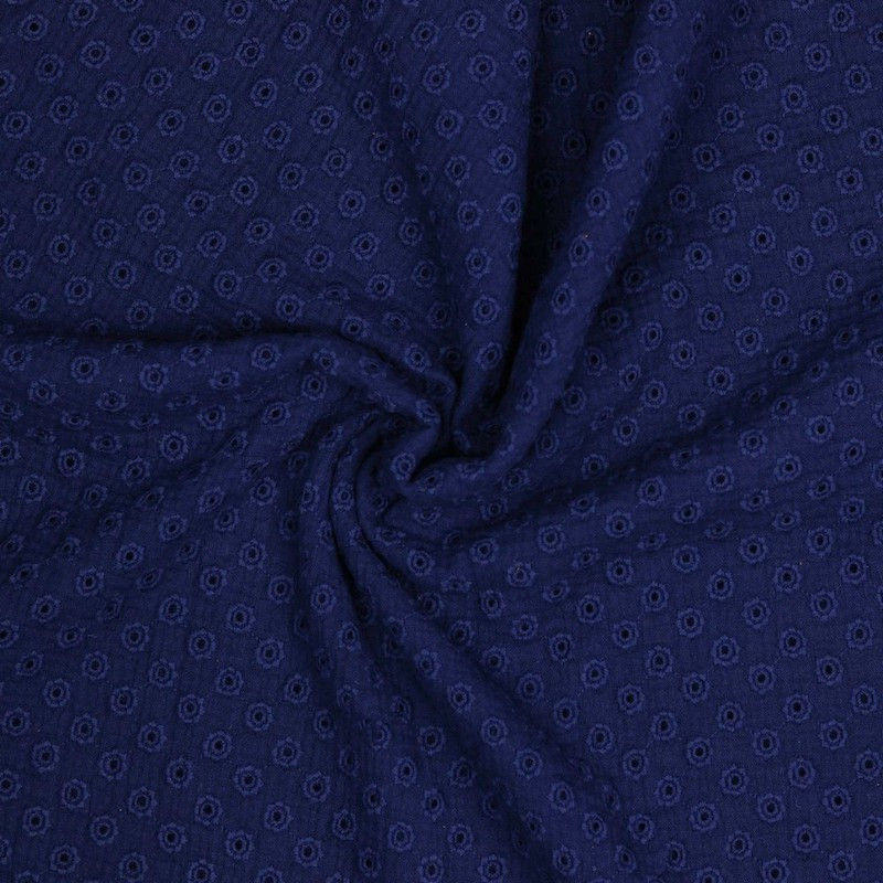 Double Gauze Flower Embroidery - Navy